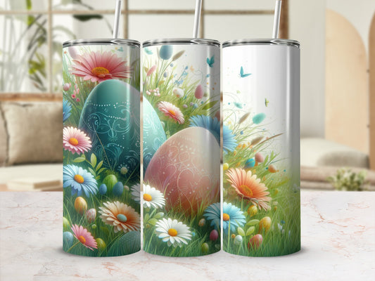 Three Easter-themed tumblers with floral and egg designs sit on a marble surface.