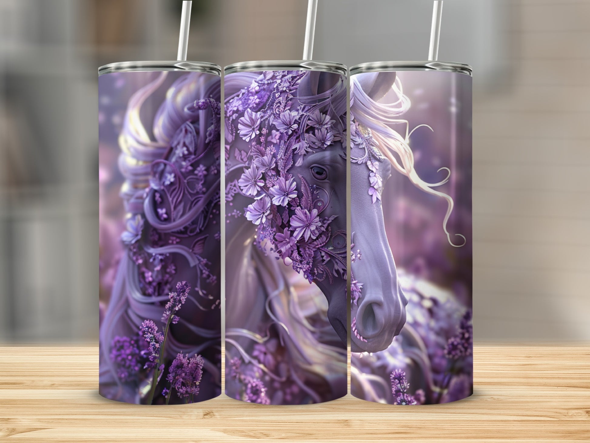 Purple floral horse design on three tumblers.