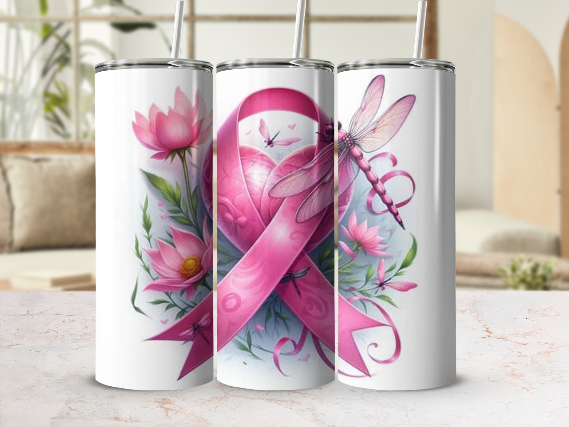 Dragonfly and Pink Ribbon Floral Tumbler