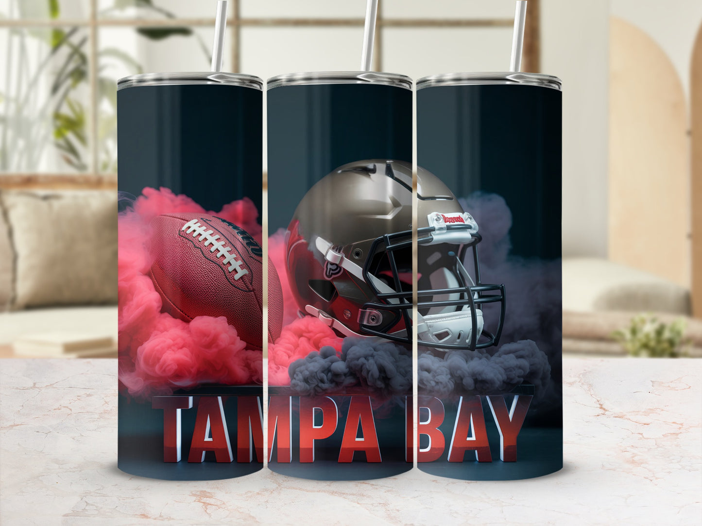 Tampa Bay Buccaneers football helmet and ball with smoke and text.
