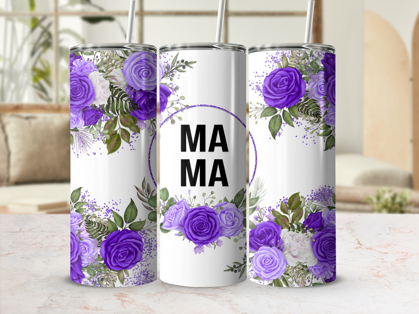 White tumbler with purple floral design and "MAMA MAMA" text.