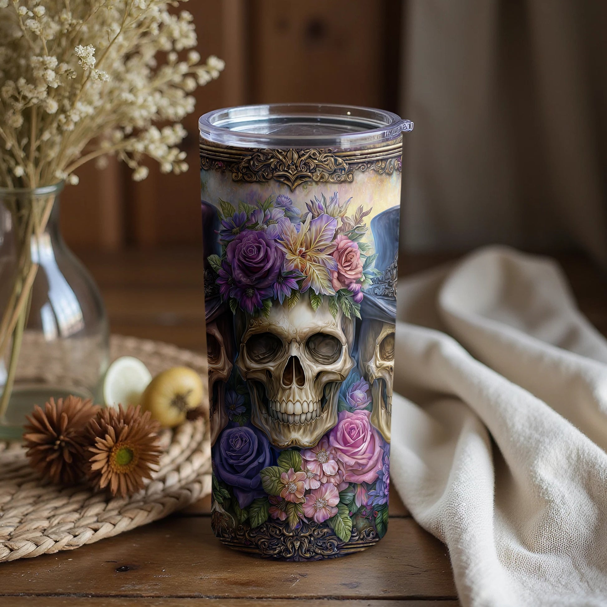 Colorful Skull and Flowers Design Tumbler