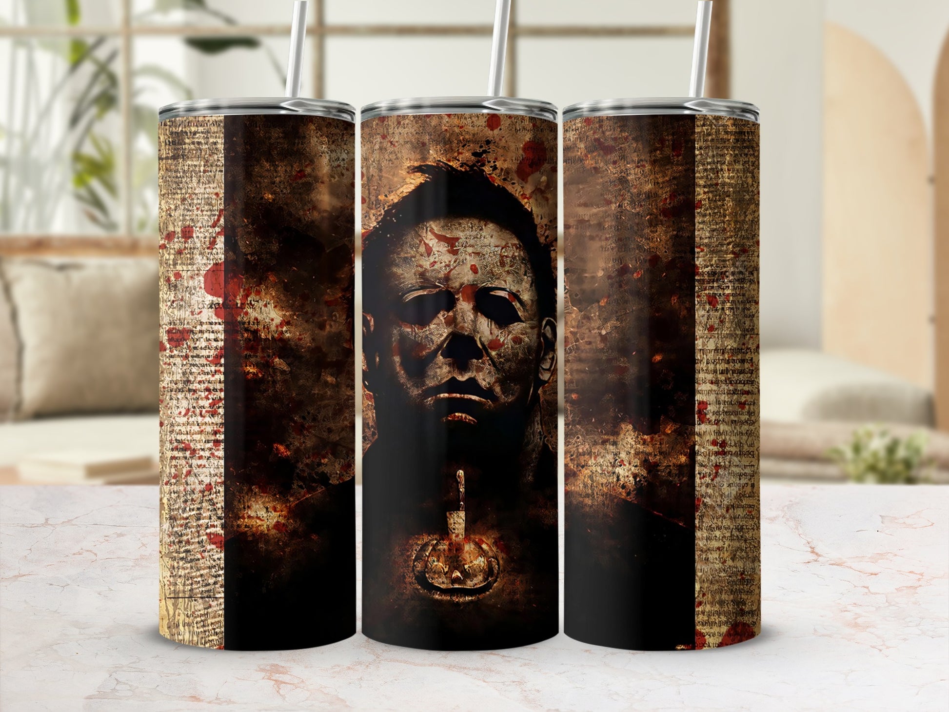 Michael Myers tumbler with blood splatters and distressed paper texture.
