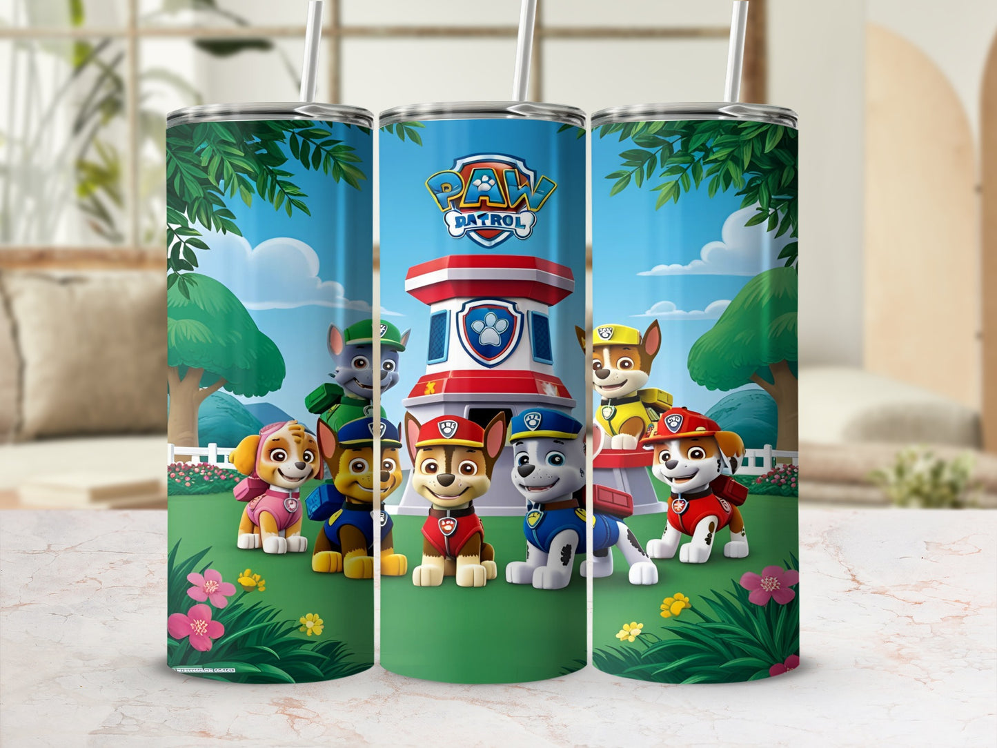 Paw Patrol characters on a tumbler with Paw Patrol logo.