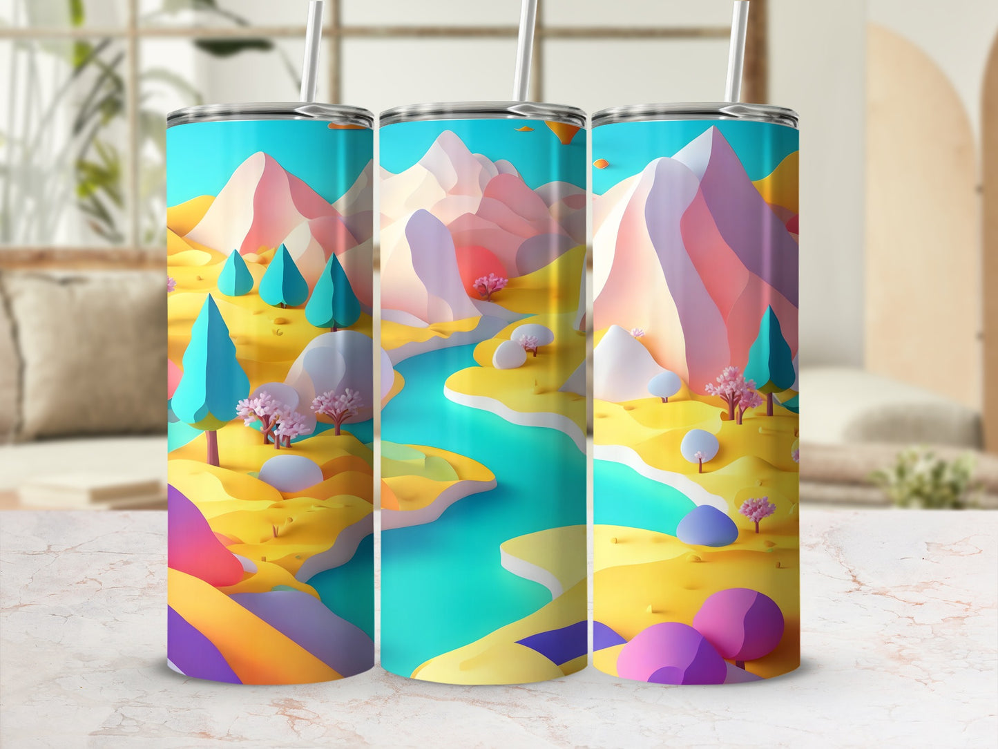 Three tumblers with a colorful, abstract mountain and river landscape design.