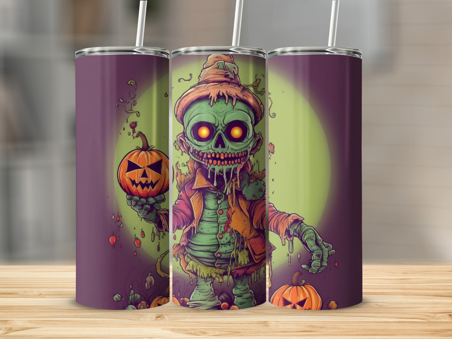 Tumblers with a green zombie holding a pumpkin and Halloween pumpkins.