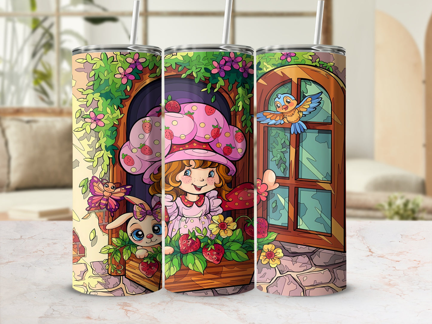 Strawberry Shortcake character on a tumbler with a bunny and bird.
