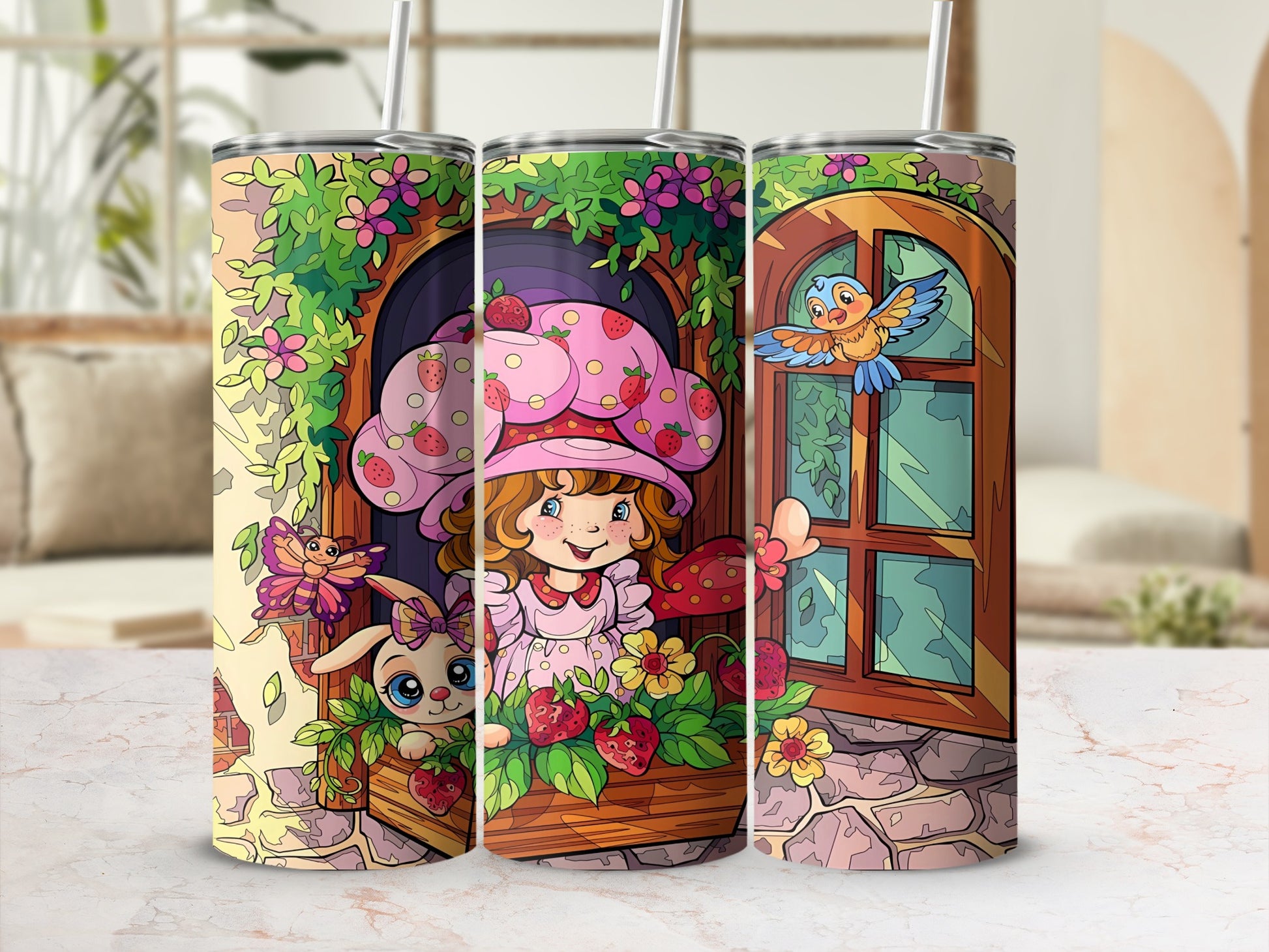 Strawberry Shortcake character on a tumbler with a bunny and bird.