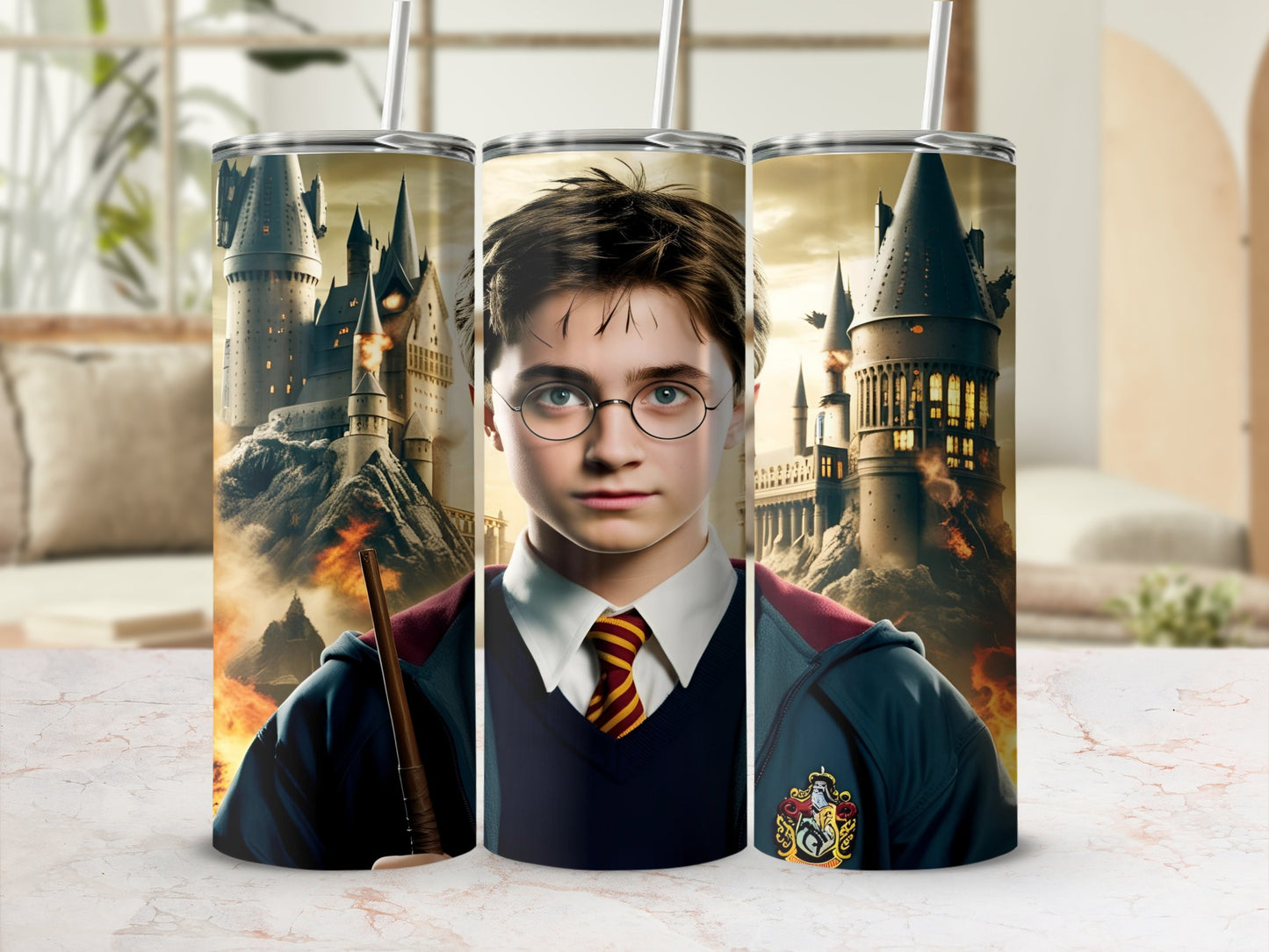 Harry Potter tumbler with Hogwarts Castle and flaming background.