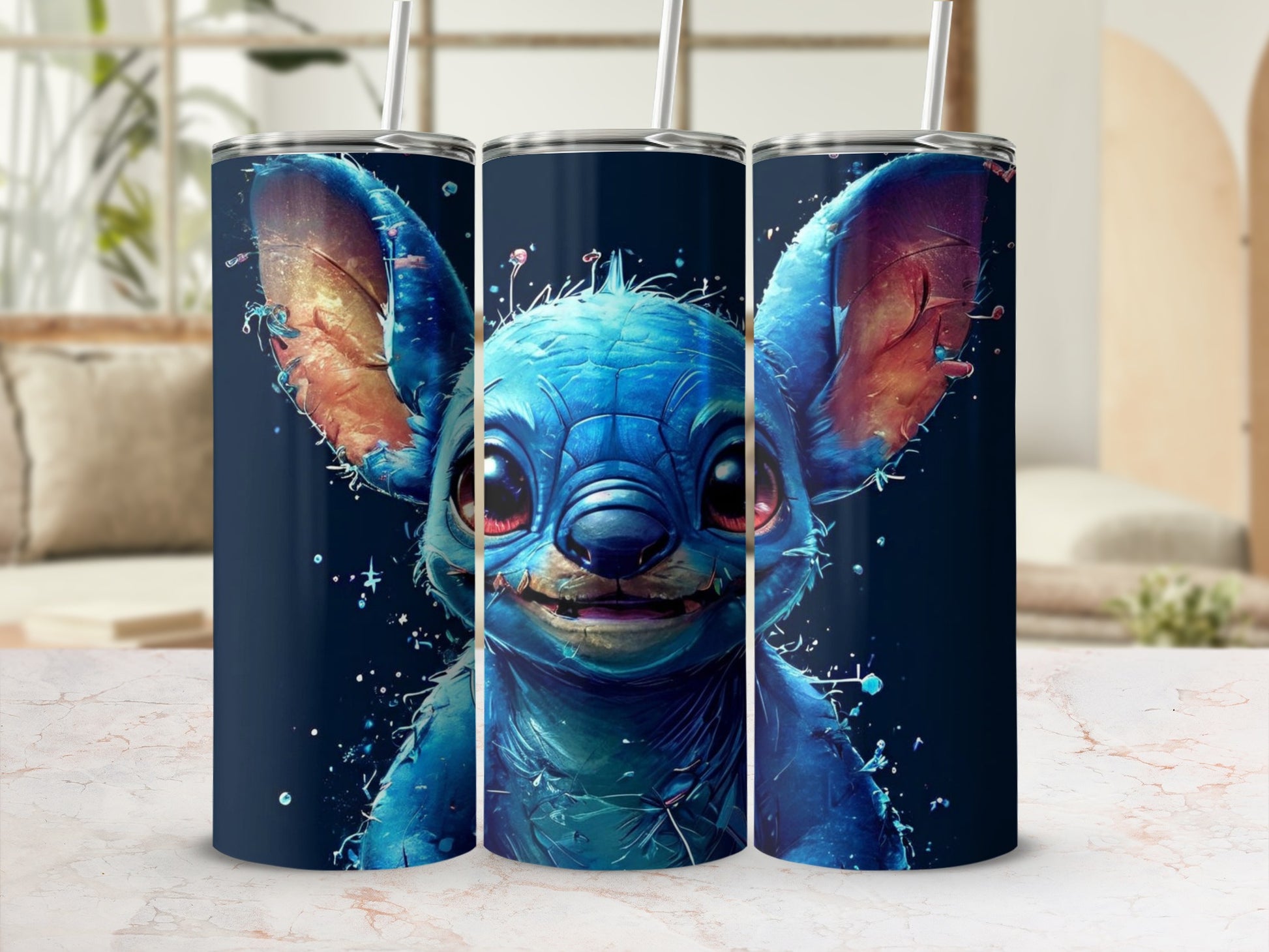 Blue Stitch character illustration on a dark navy background.
