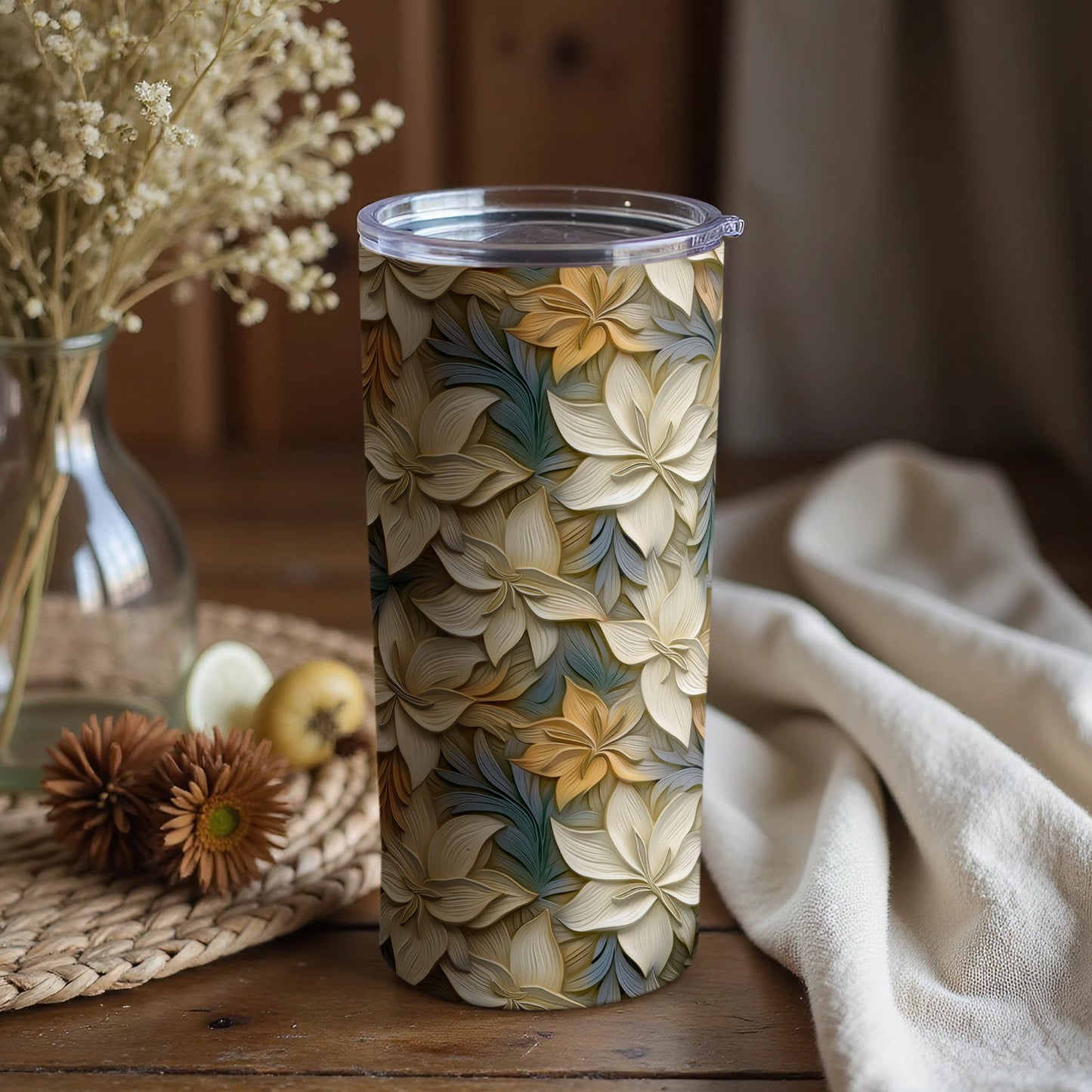 Floral Patterned Insulated Travel Tumbler with Lid