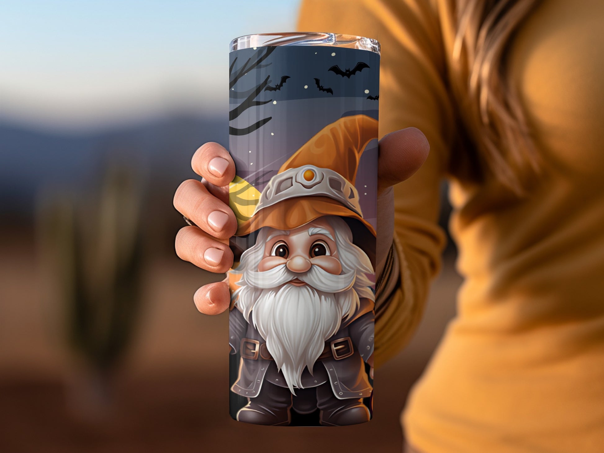 Halloween Gnome with Bats Design Travel Mug