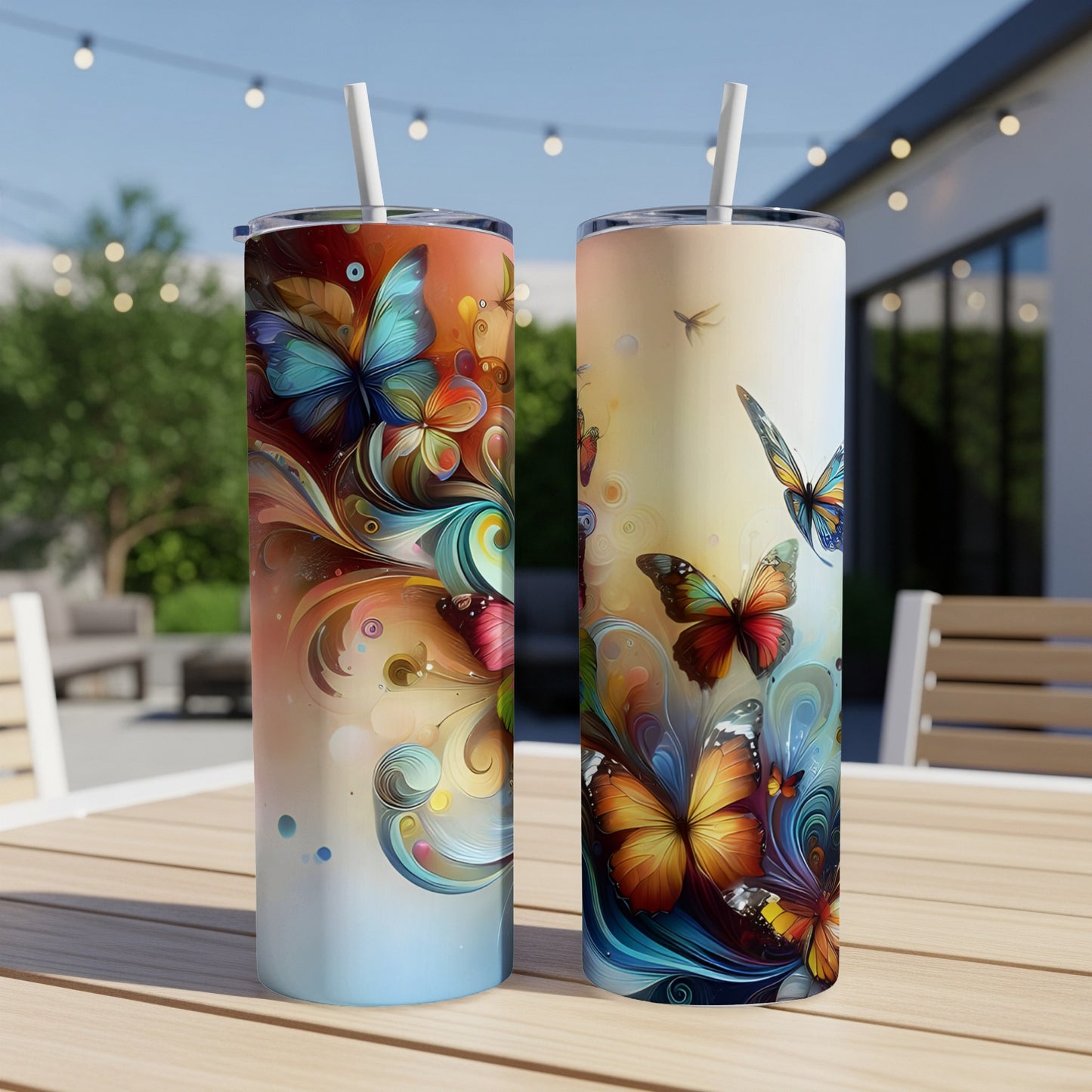Two tall tumblers with colorful abstract butterfly designs on a wooden table outdoors.