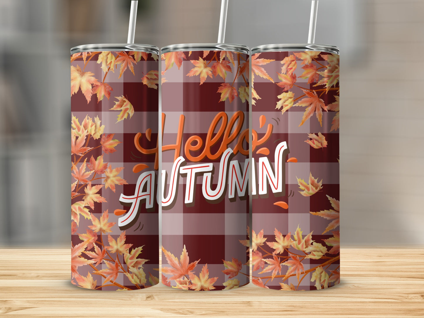 Hello Autumn Plaid Fall Leaves Tumbler Design