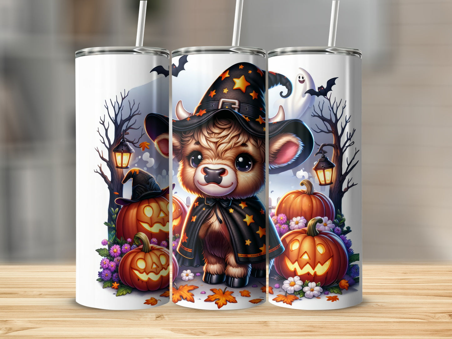 Cute cow in witch hat with pumpkins and ghost for Halloween.