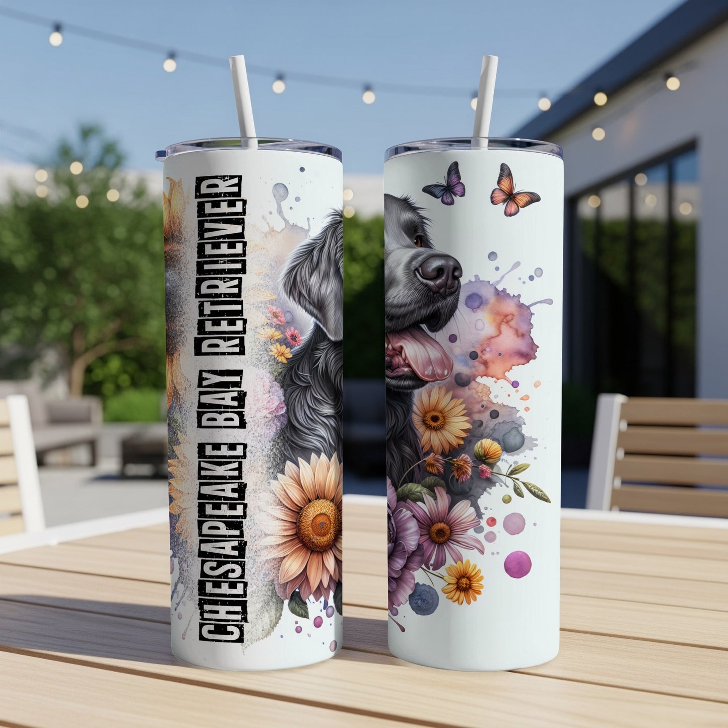 Two tumblers with Chesapeake Bay Retriever and floral designs.
