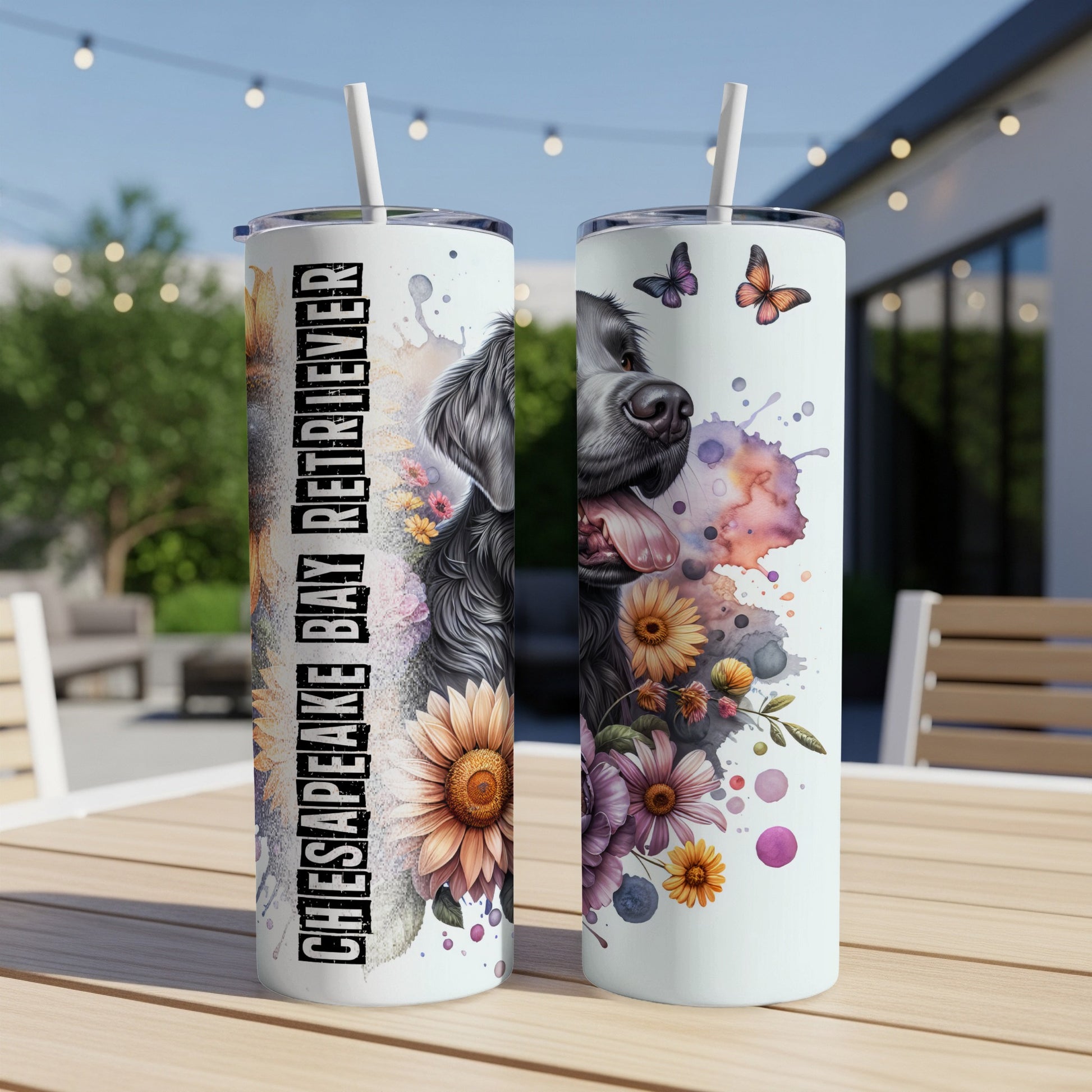 Two tumblers with Chesapeake Bay Retriever and floral designs.