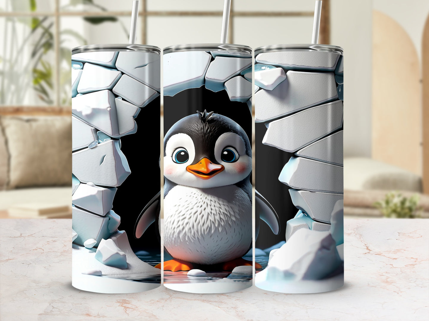 Cute Baby Penguin with Cracked Ice Tumbler