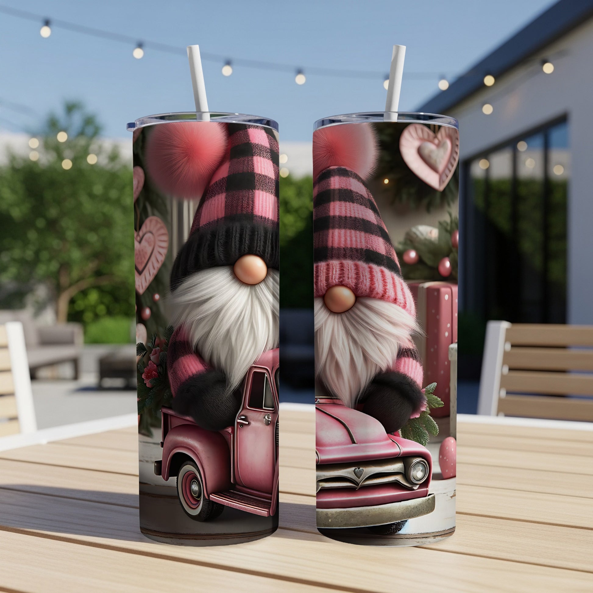 Two pink and black buffalo plaid gnomes in a truck with hearts.