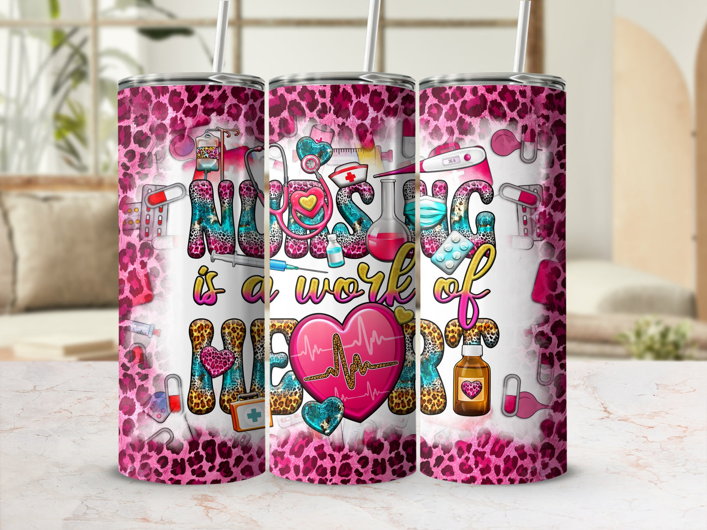 Pink leopard print tumbler with nursing themed illustrations and text.