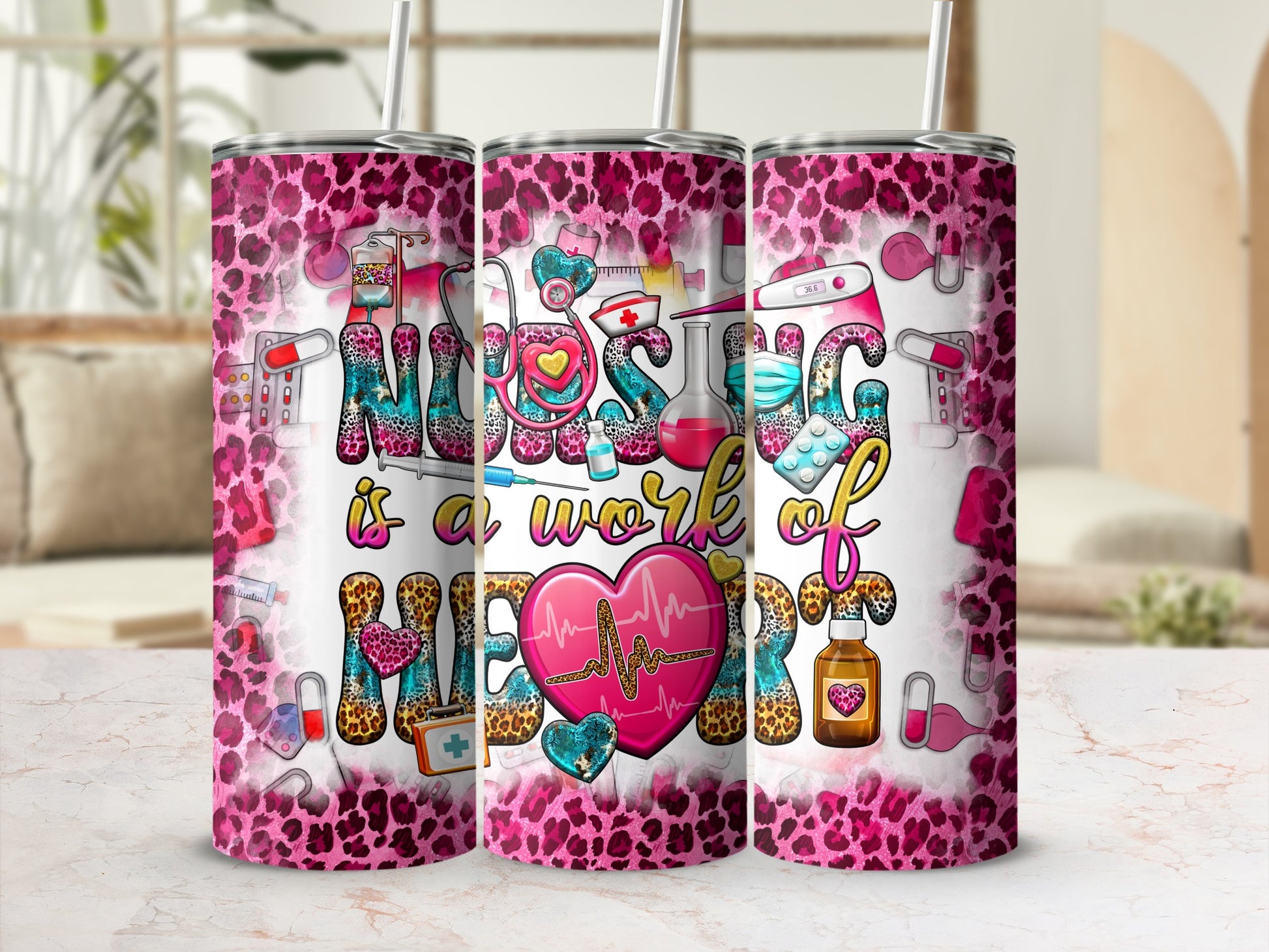 Pink leopard print tumbler with nursing themed illustrations and text.