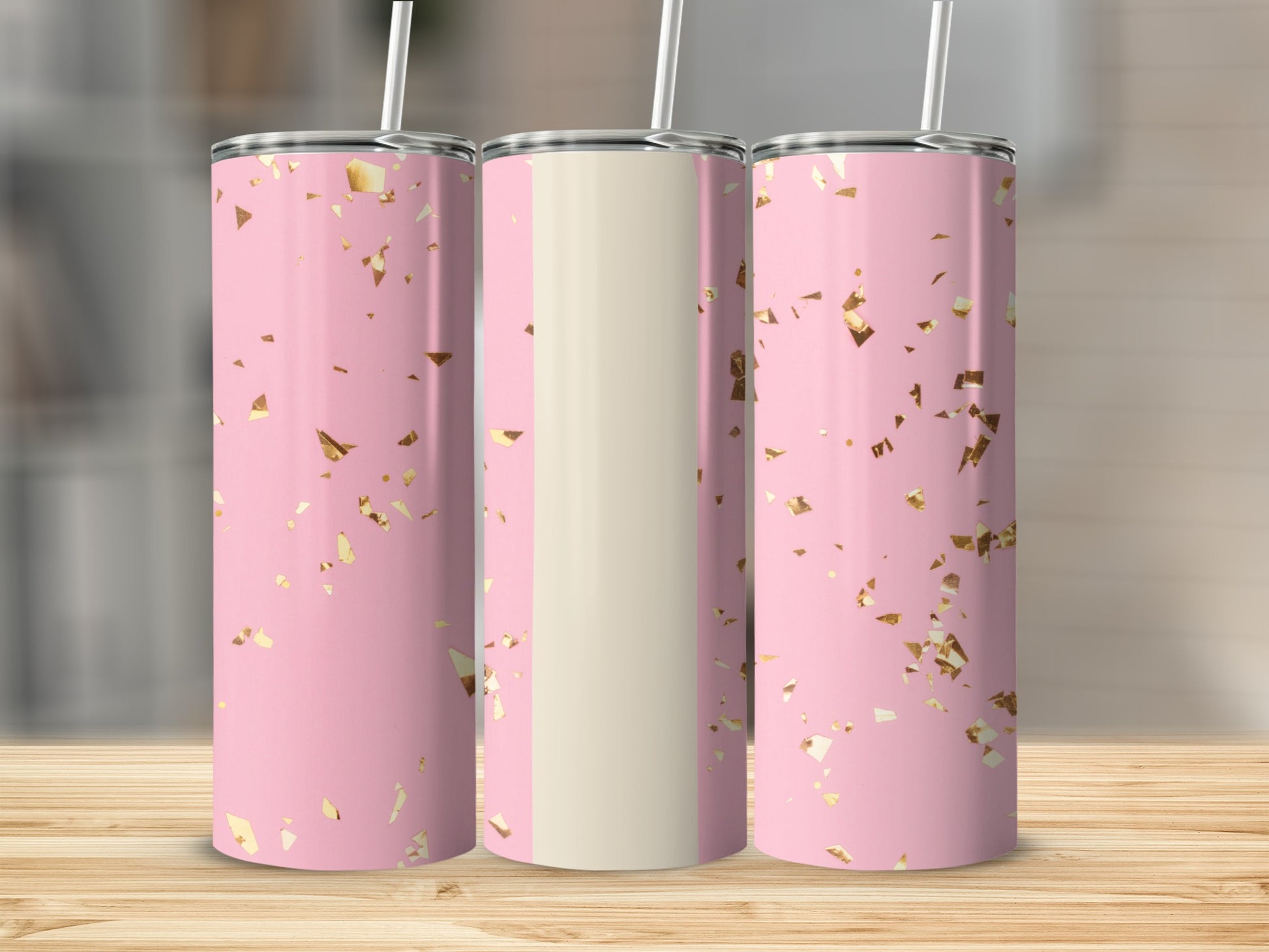 Pink tumbler with gold confetti, showcasing front and side views.