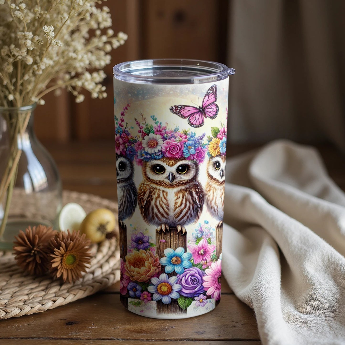 Cute Owls with Flowers and Butterfly Insulated Tumbler
