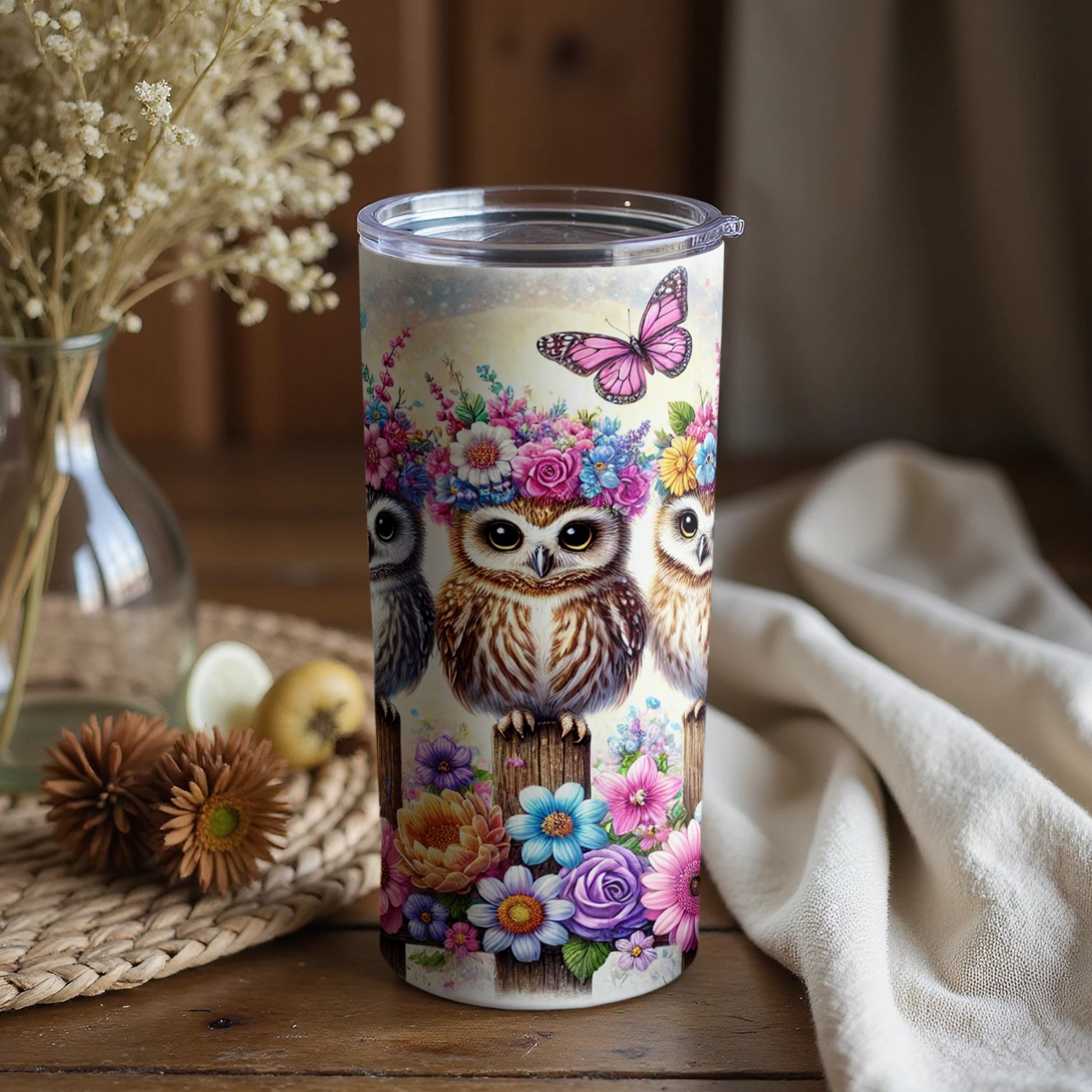 Cute Owls with Flowers and Butterfly Insulated Tumbler