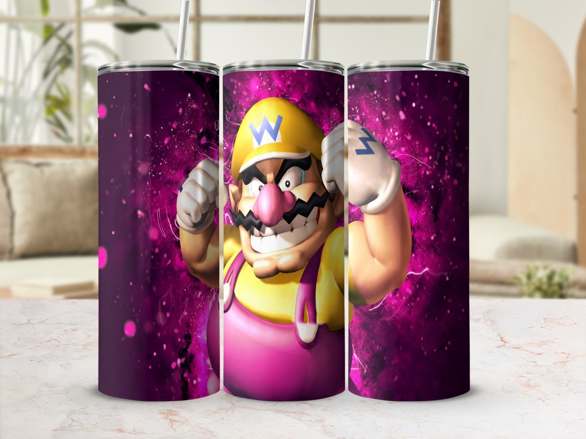 Wario flexing his muscles on a purple, sparkling background.