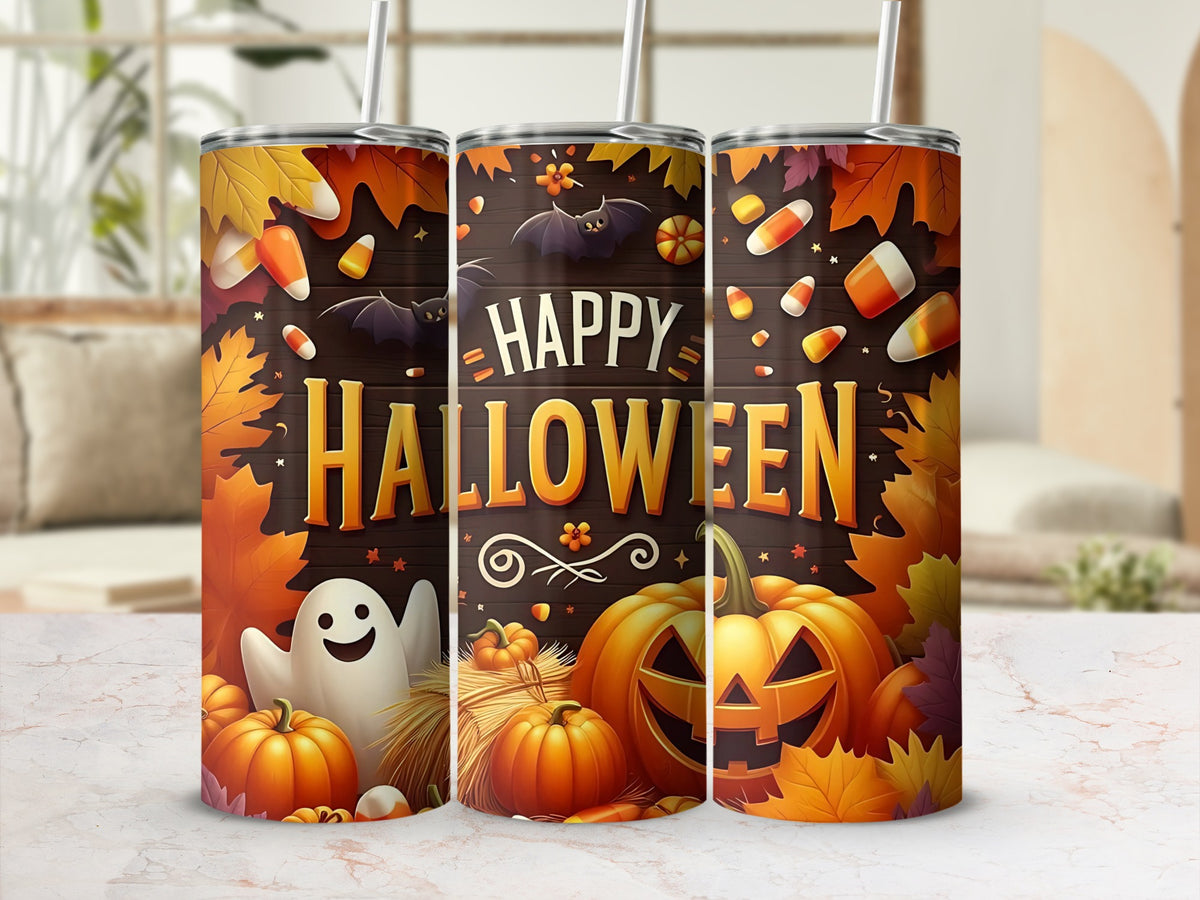 Three tumblers featuring Halloween designs with pumpkins, ghost, bats, candy corn, and autumn leaves.