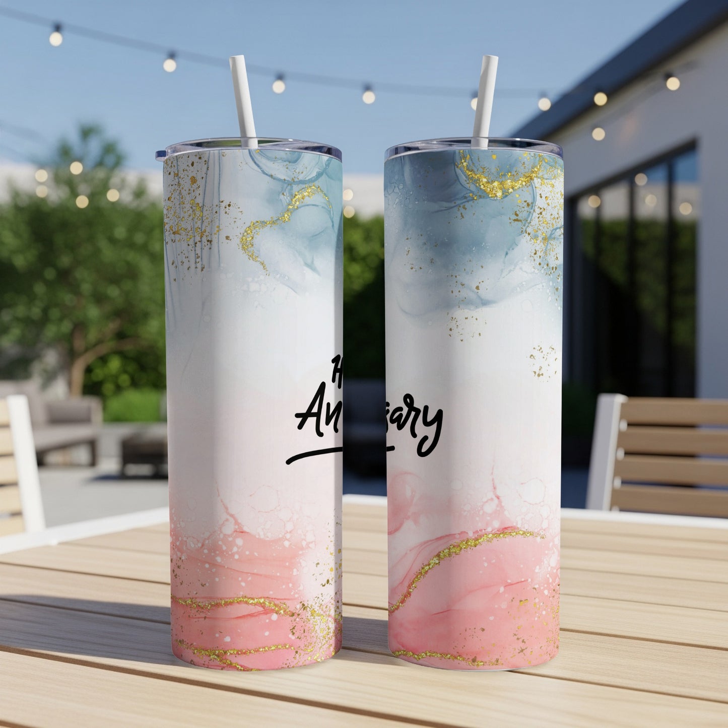 Two tumblers with marble and glitter design, text "Happy Anniversary".
