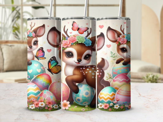 Cute deer with flowers and butterflies on Easter eggs.