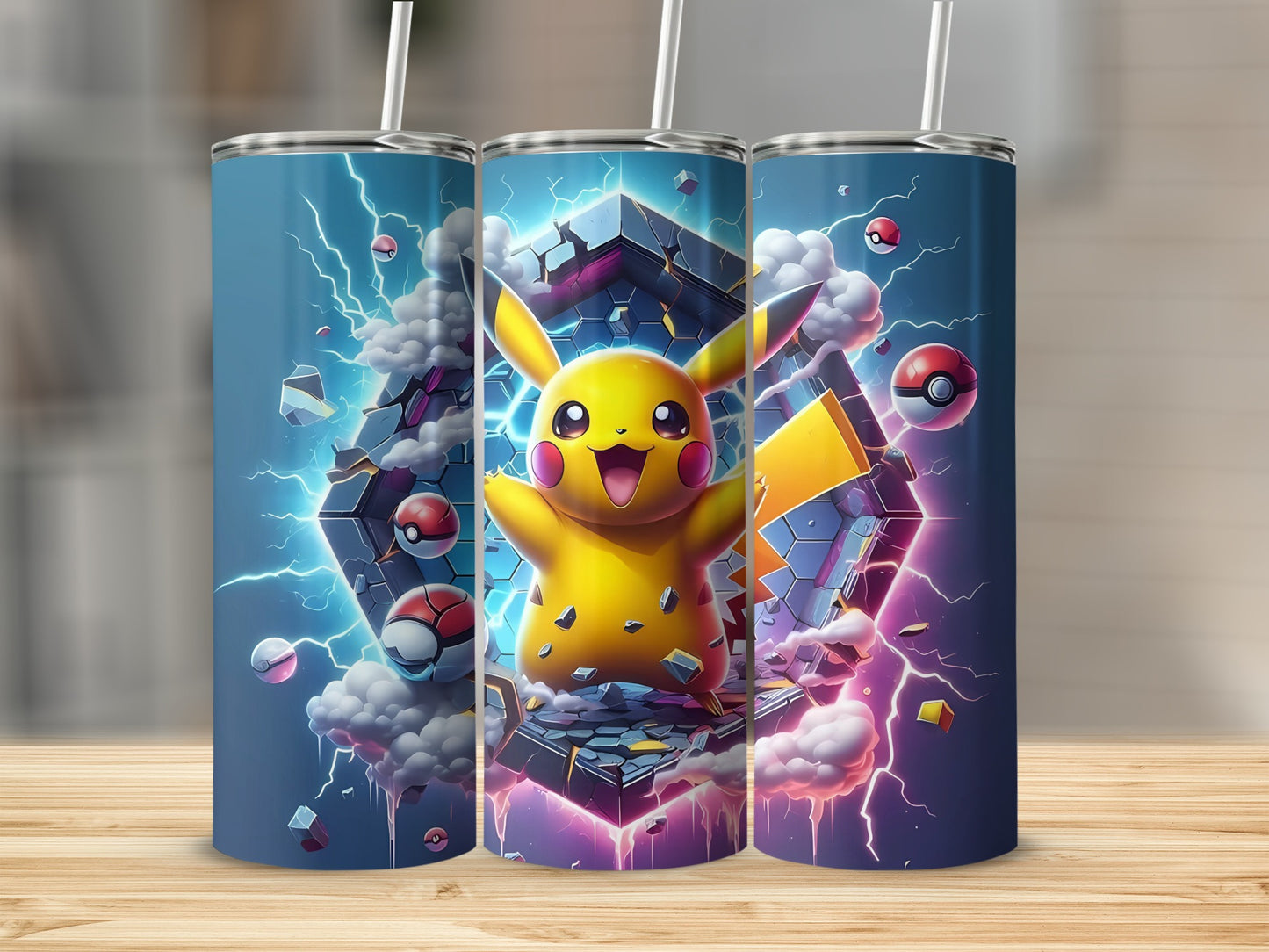 Vibrant Pikachu Design with Pokeballs Tumbler