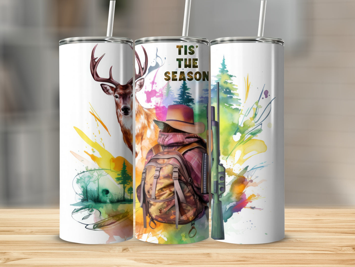 Woman hunter with backpack and rifle next to deer, "Tis the Season" text.