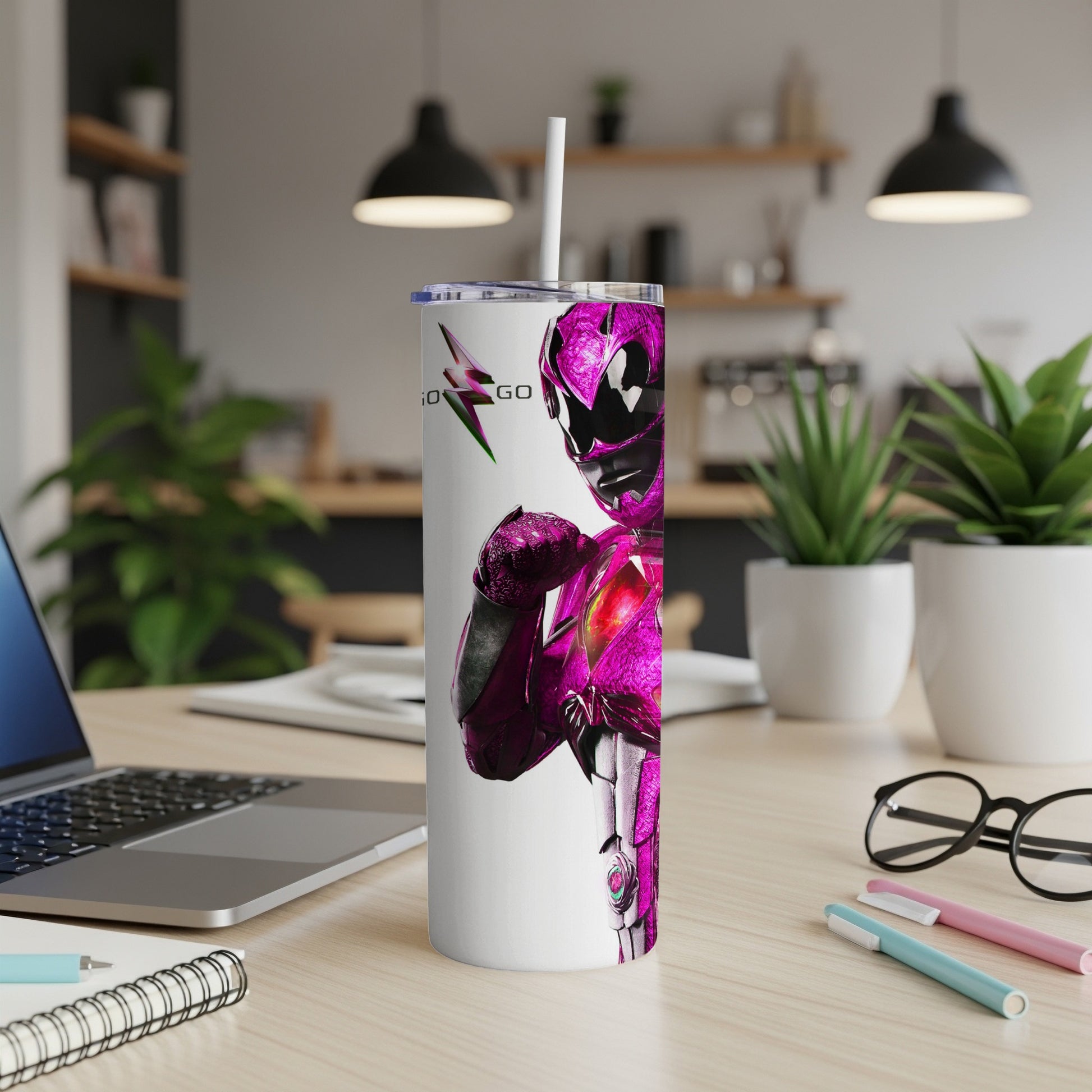 Pink Power Ranger tumbler with "GO GO" text.