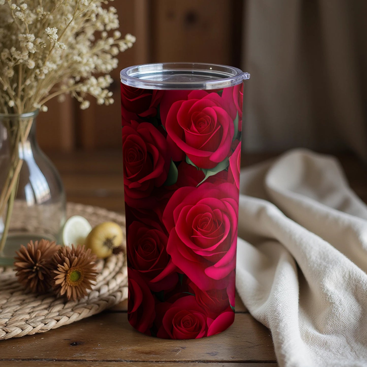 Elegant Red Roses Pattern Insulated Tumbler Cup