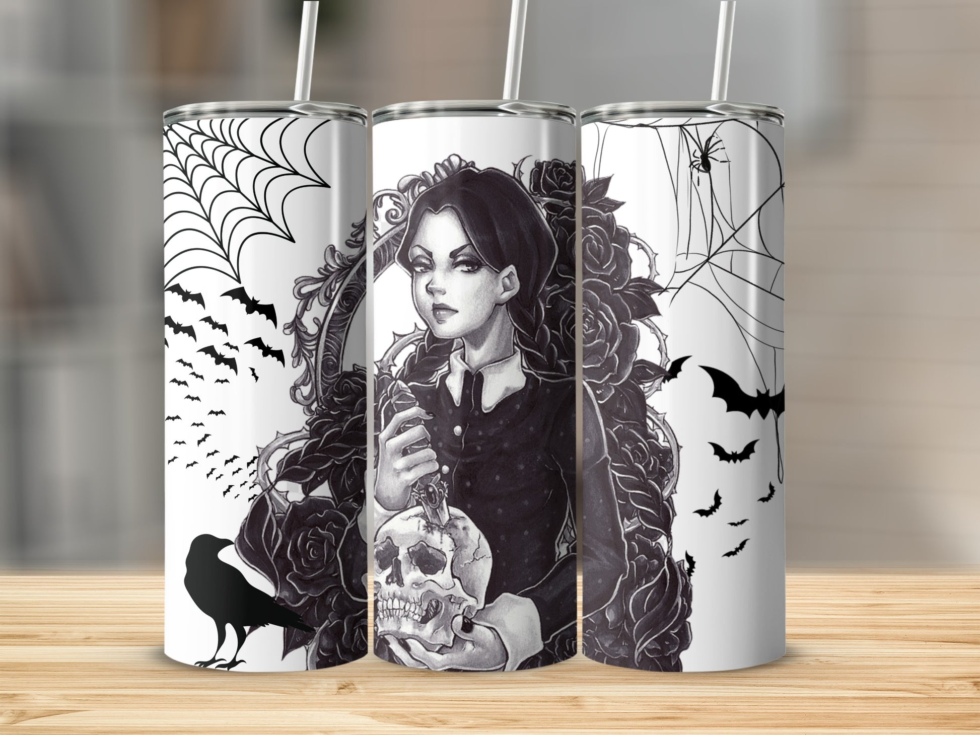 Gothic Art Tumbler with Bats and Spider Web Design