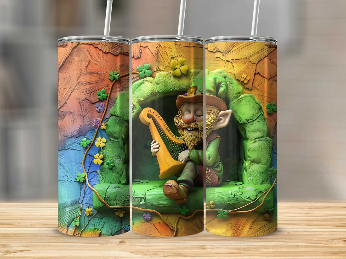 Leprechaun playing a harp in a colorful, earthy setting.