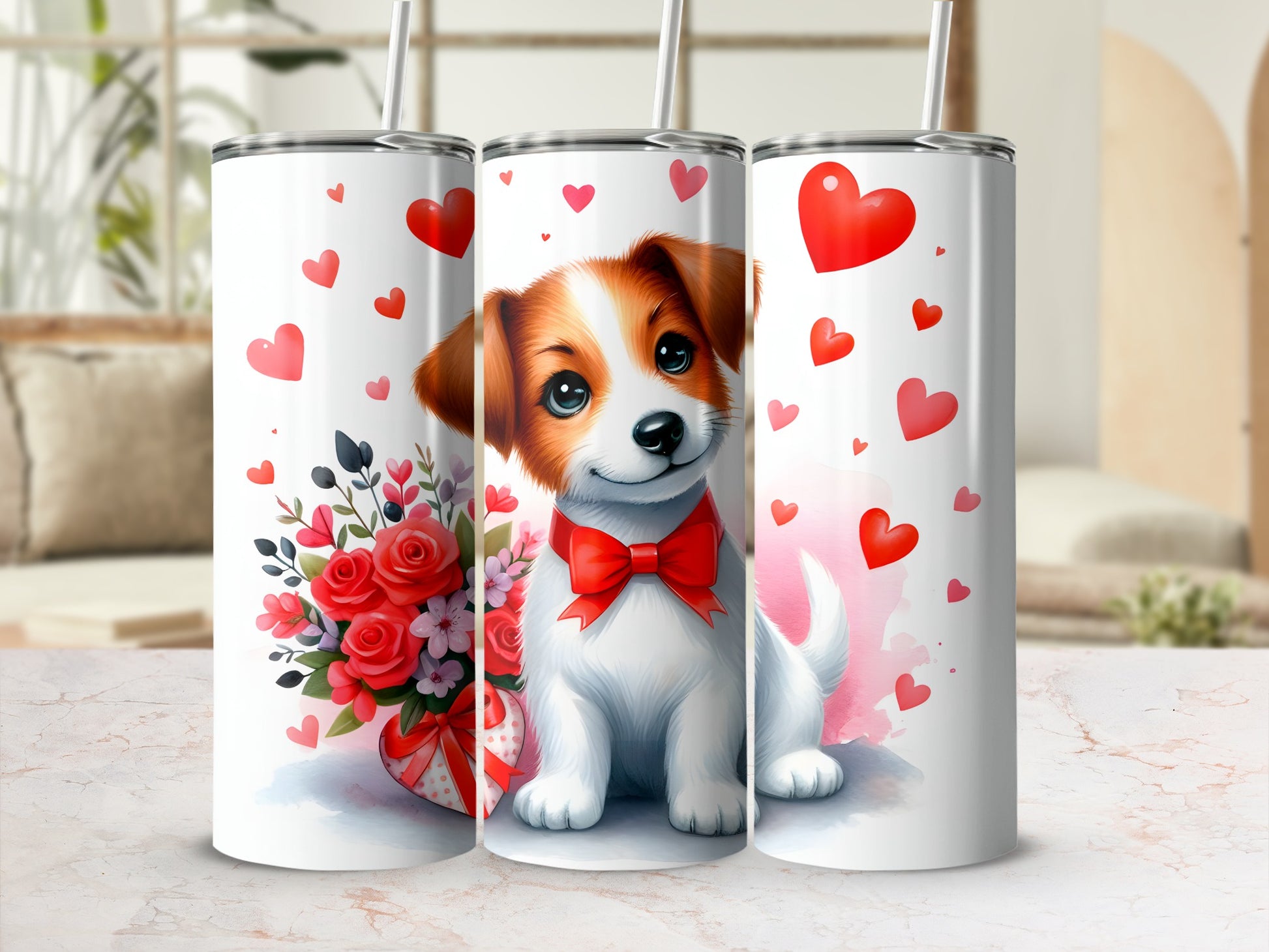 Cute puppy with red bow and floral arrangement on a tumbler.