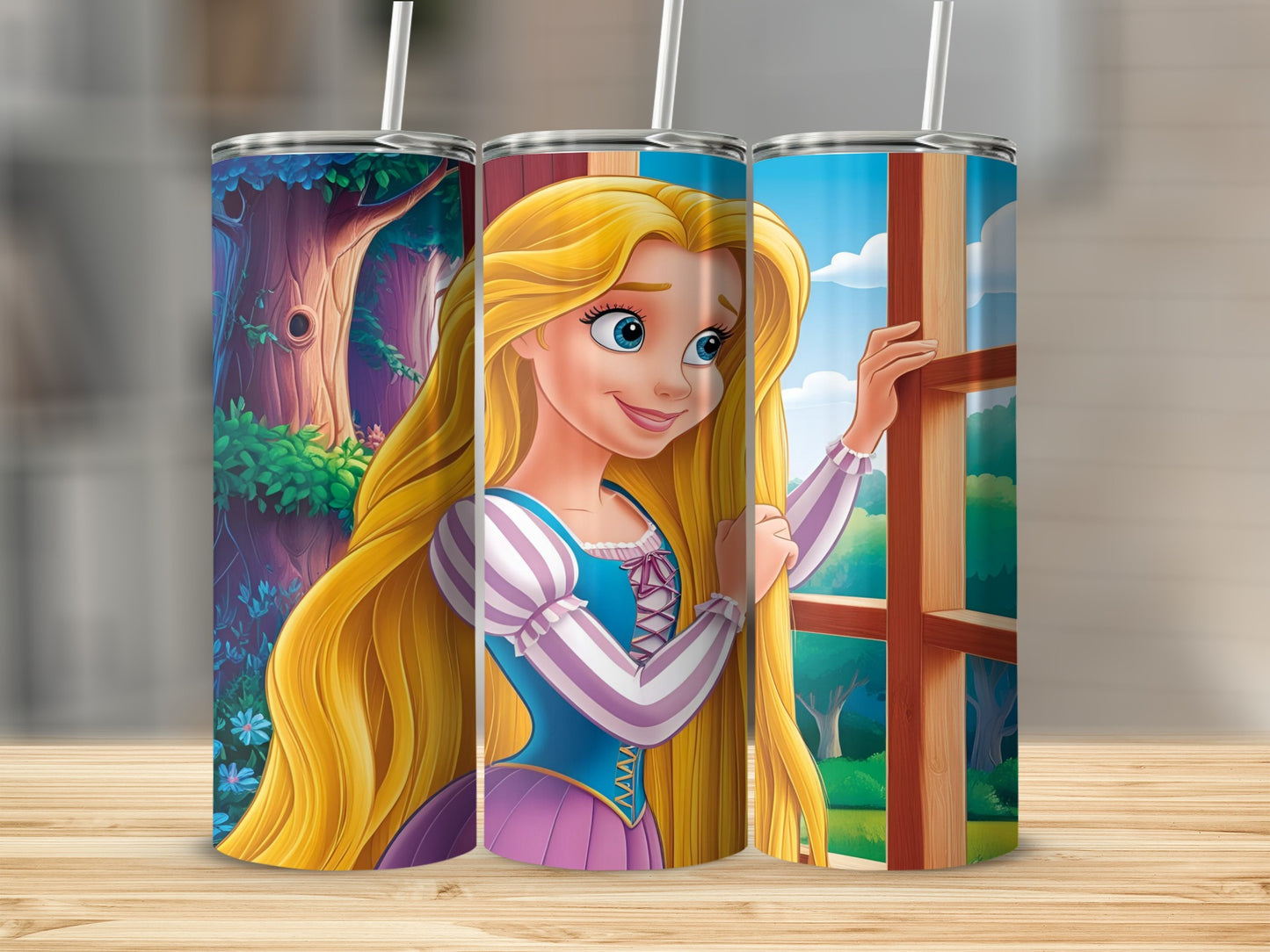 Rapunzel peeks out a window with long blonde hair.