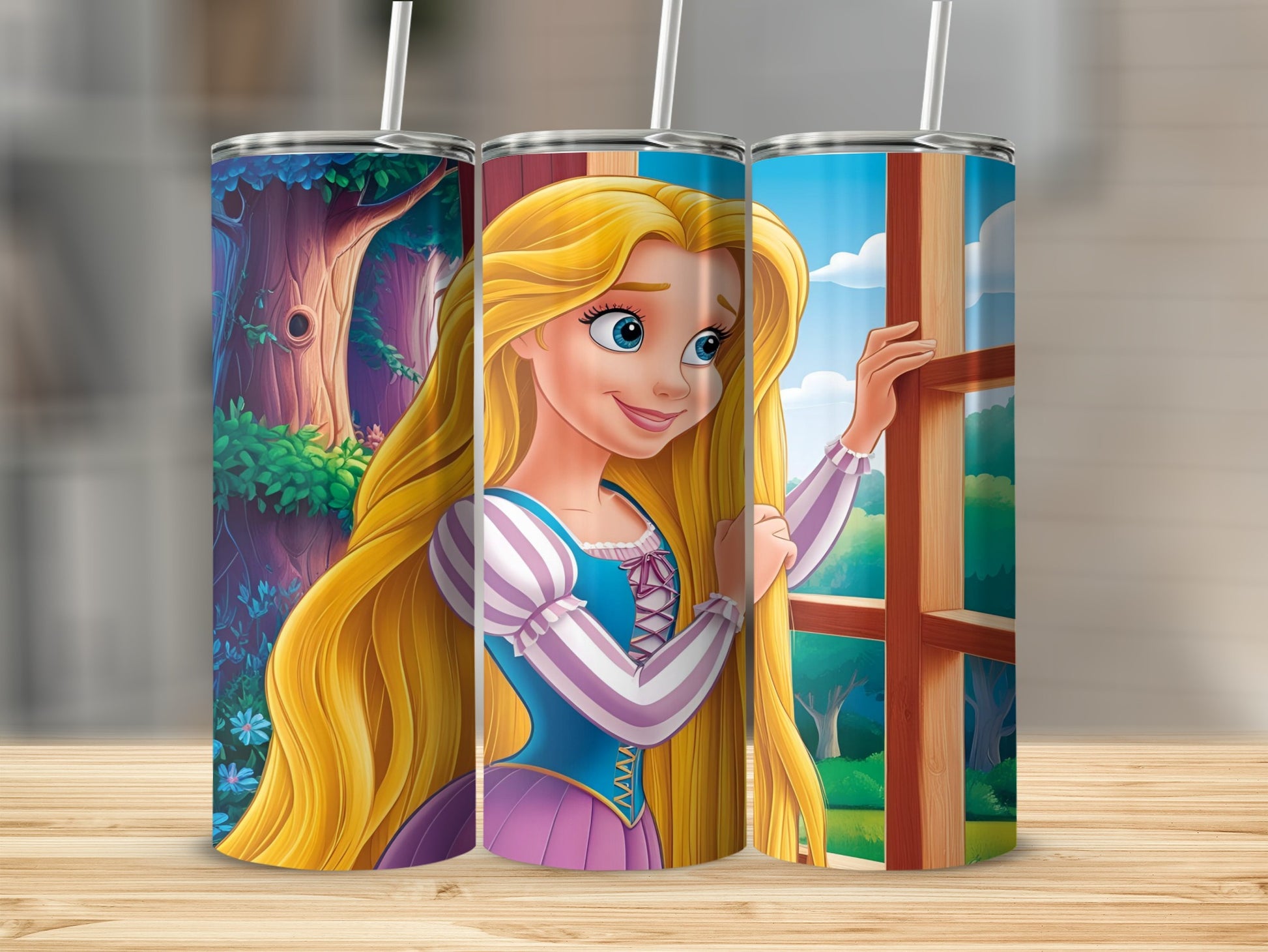 Rapunzel peeks out a window with long blonde hair.