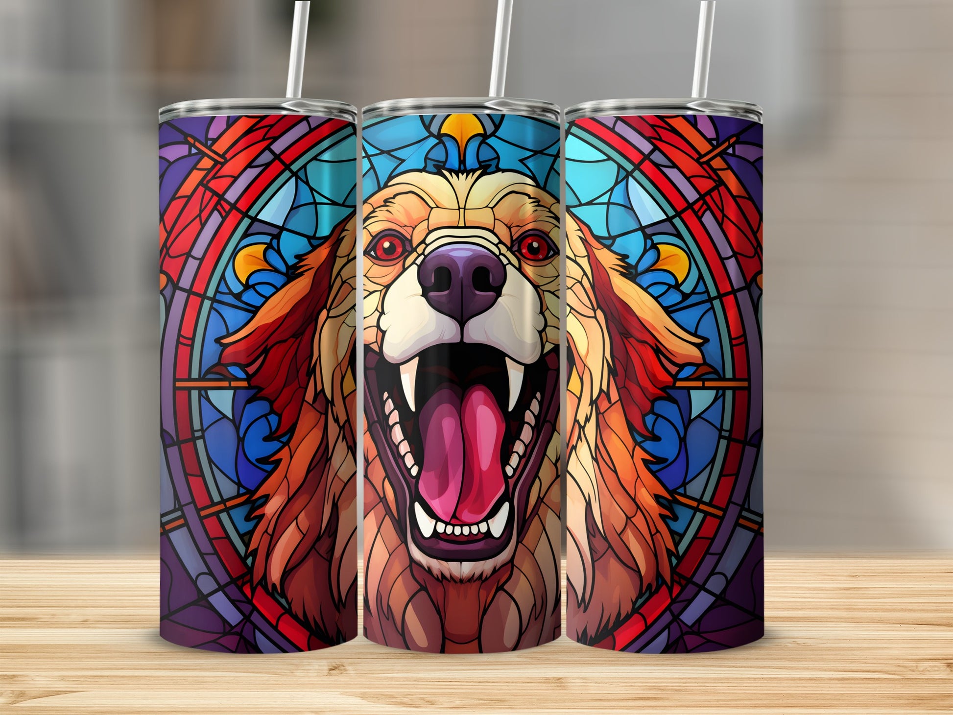 Three tumblers with stained glass golden retriever design, straws inserted.