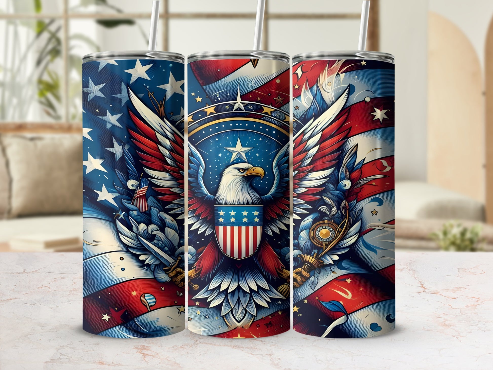 Three tumblers with American flag, eagle, and stars design.