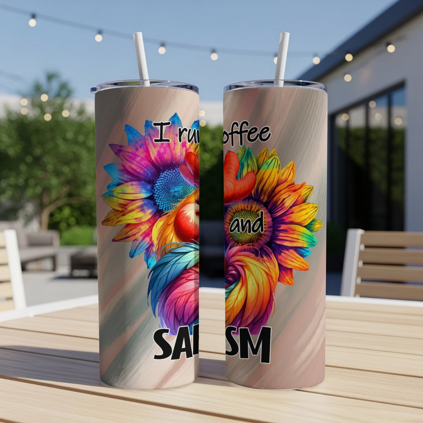 Tumblers with "I run on coffee and sarcasm" text and colorful sunflower design.