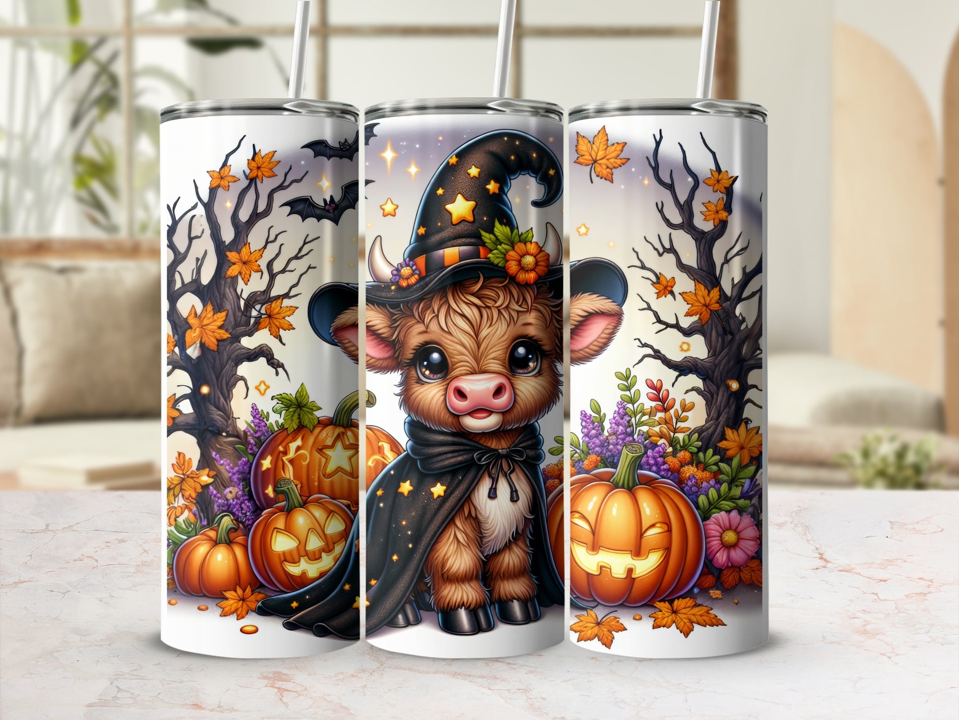 Cute cow wearing a witch hat and cape with pumpkins and autumn leaves.