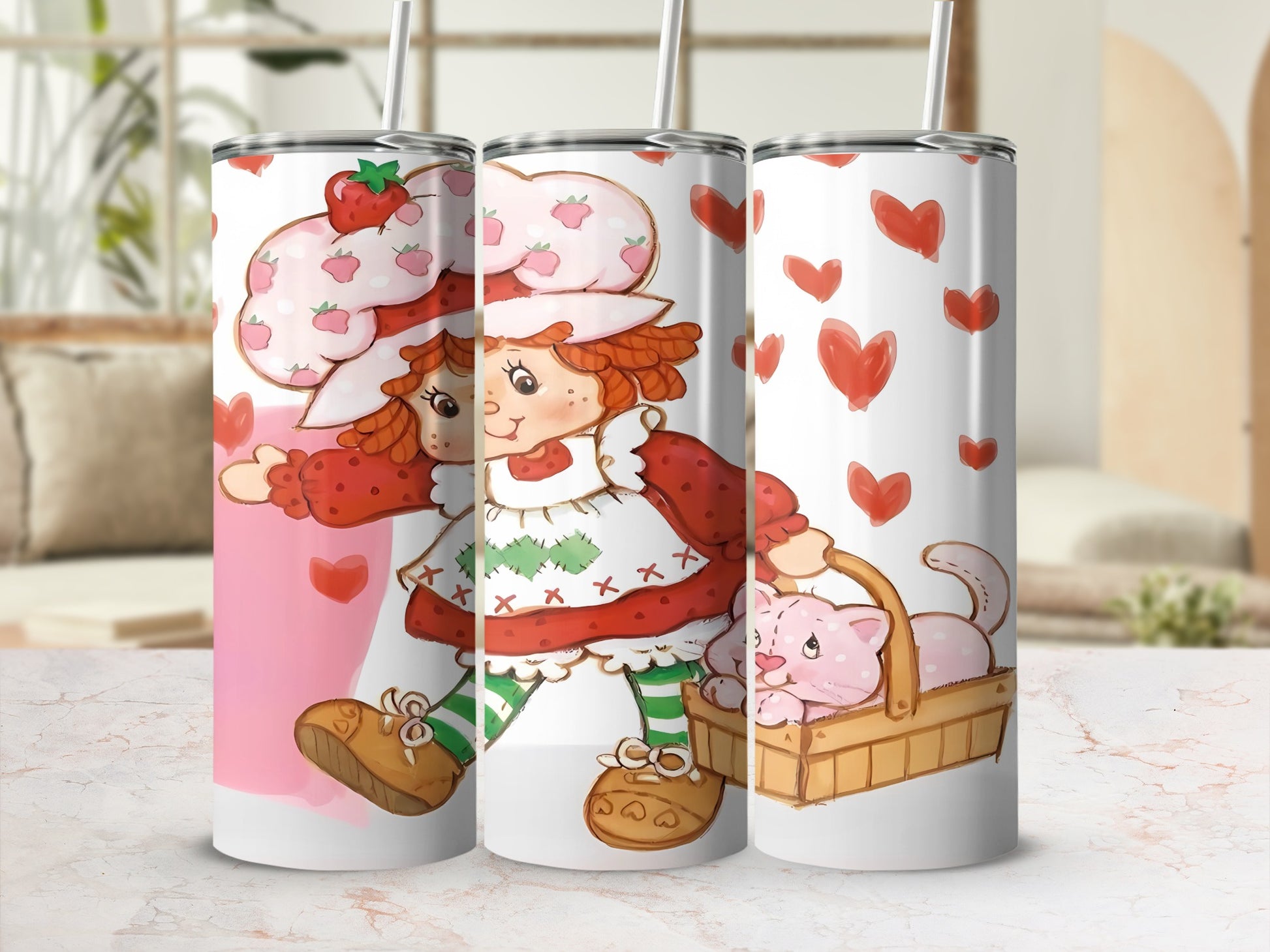 Strawberry Shortcake with cat basket and hearts, 20oz tumbler mockup.