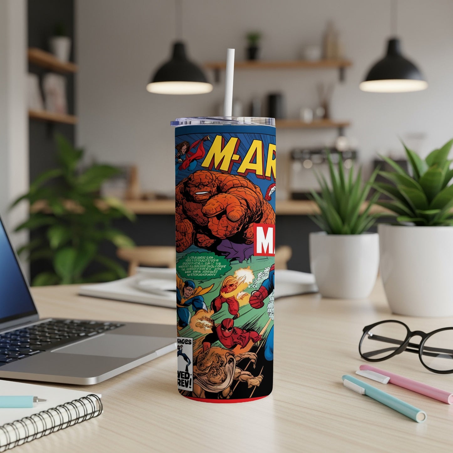 Marvel's Fantastic Four comic cover on a stainless steel tumbler with straw.