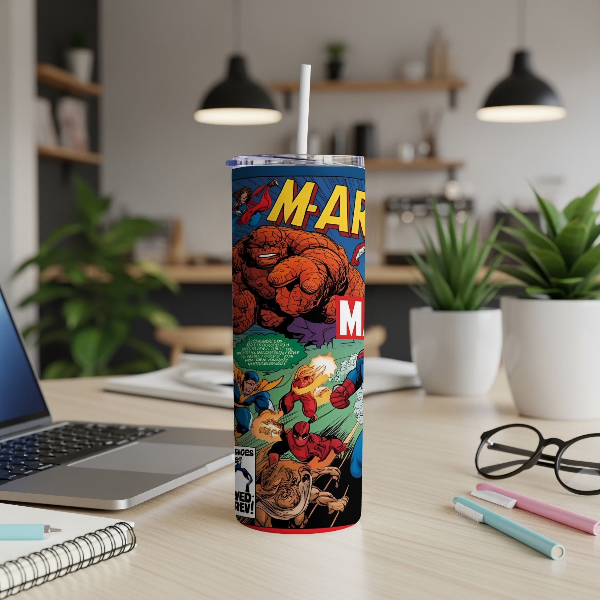 Marvel's Fantastic Four comic cover on a stainless steel tumbler with straw.