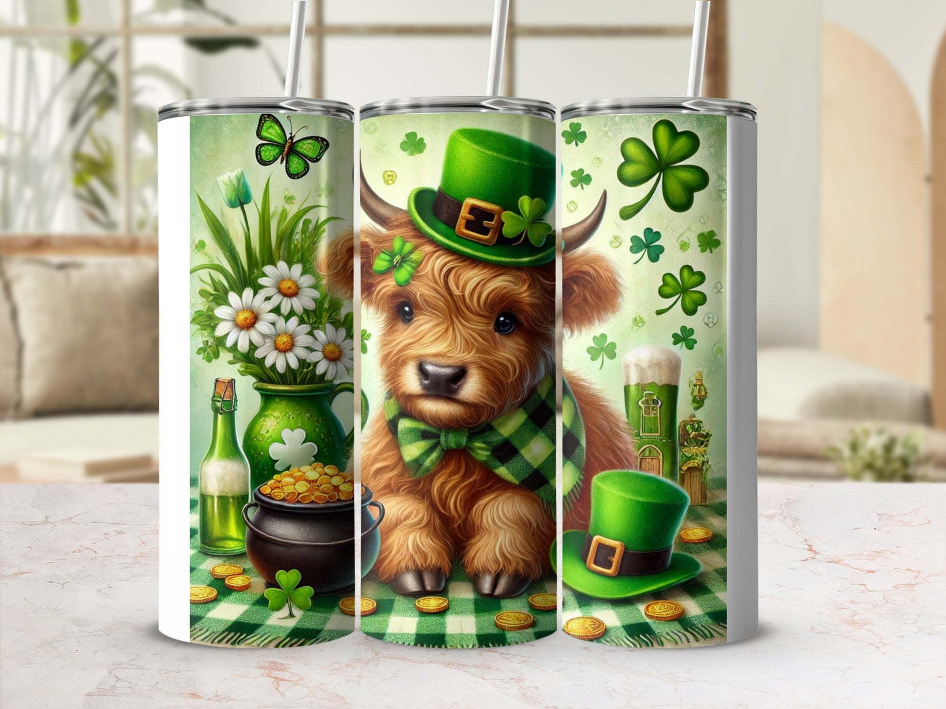 Highland cow in green hat with shamrocks and pot of gold.