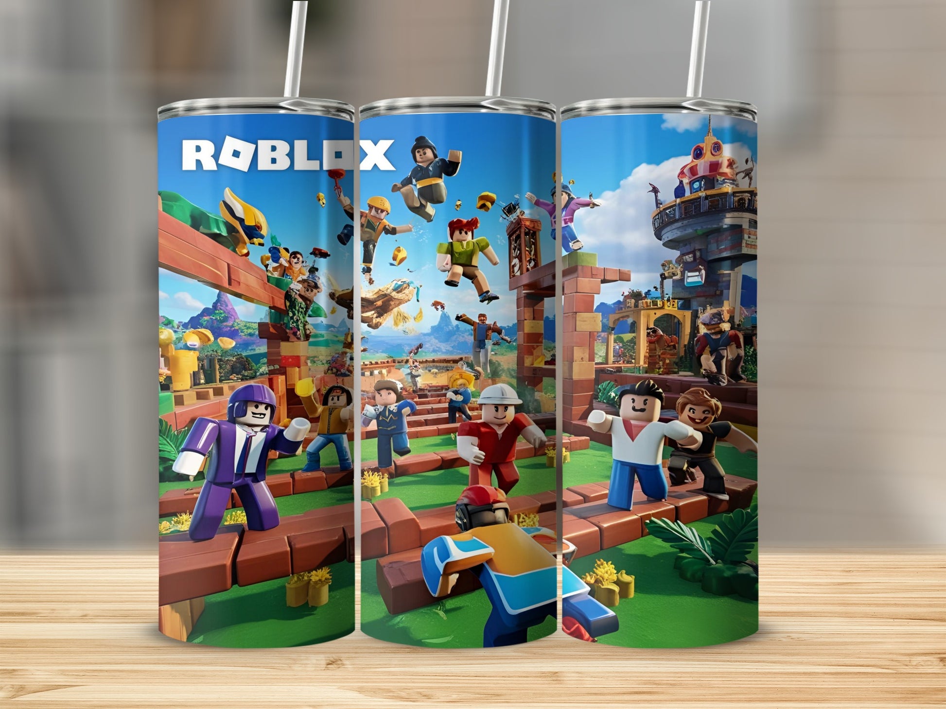 Roblox characters playing on wooden platforms with buildings in the background.